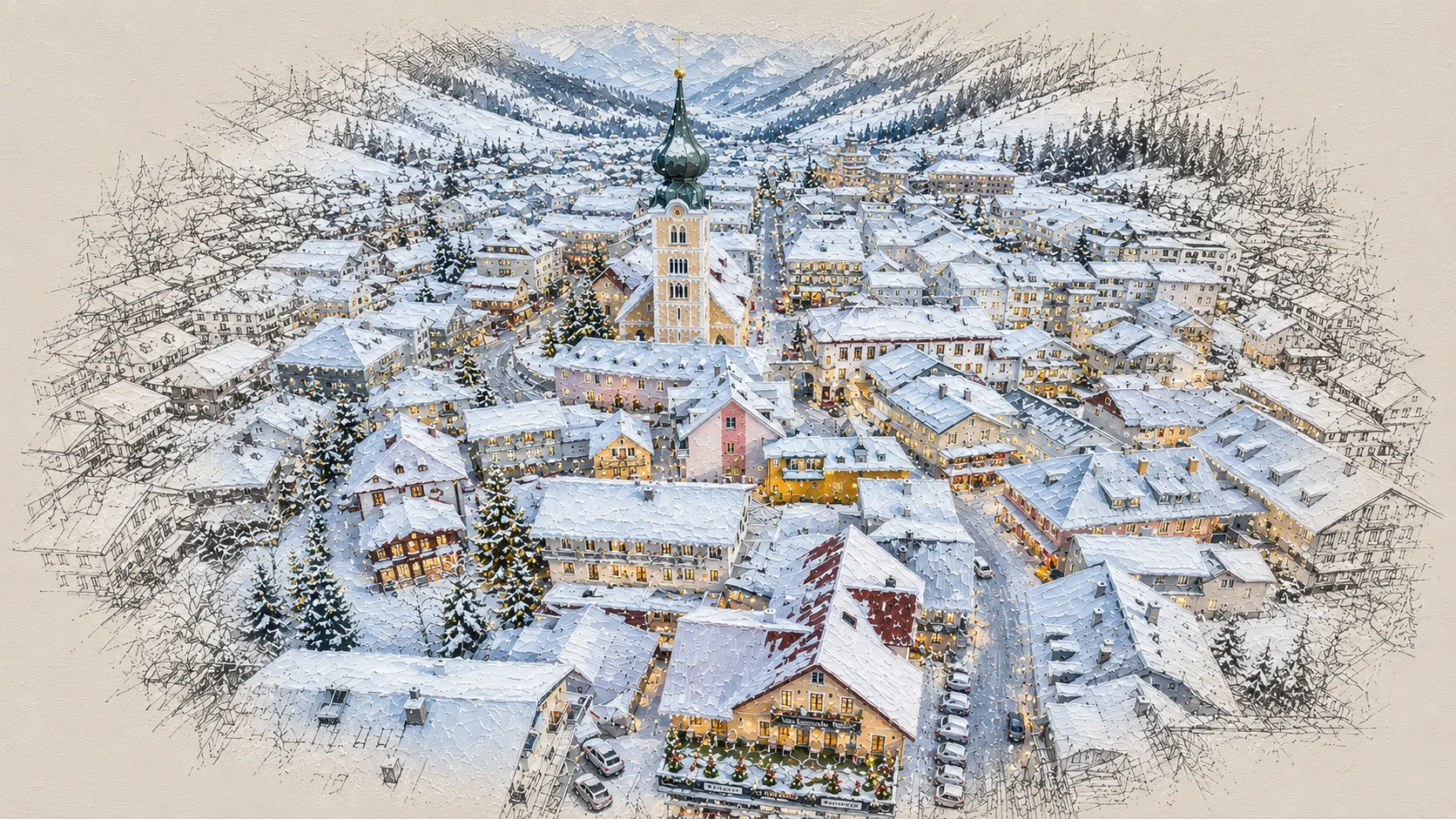 Gemaltes Panorama von Schladming — Ausgangspunkt für Aktivitäten zu jeder Jahreszeit