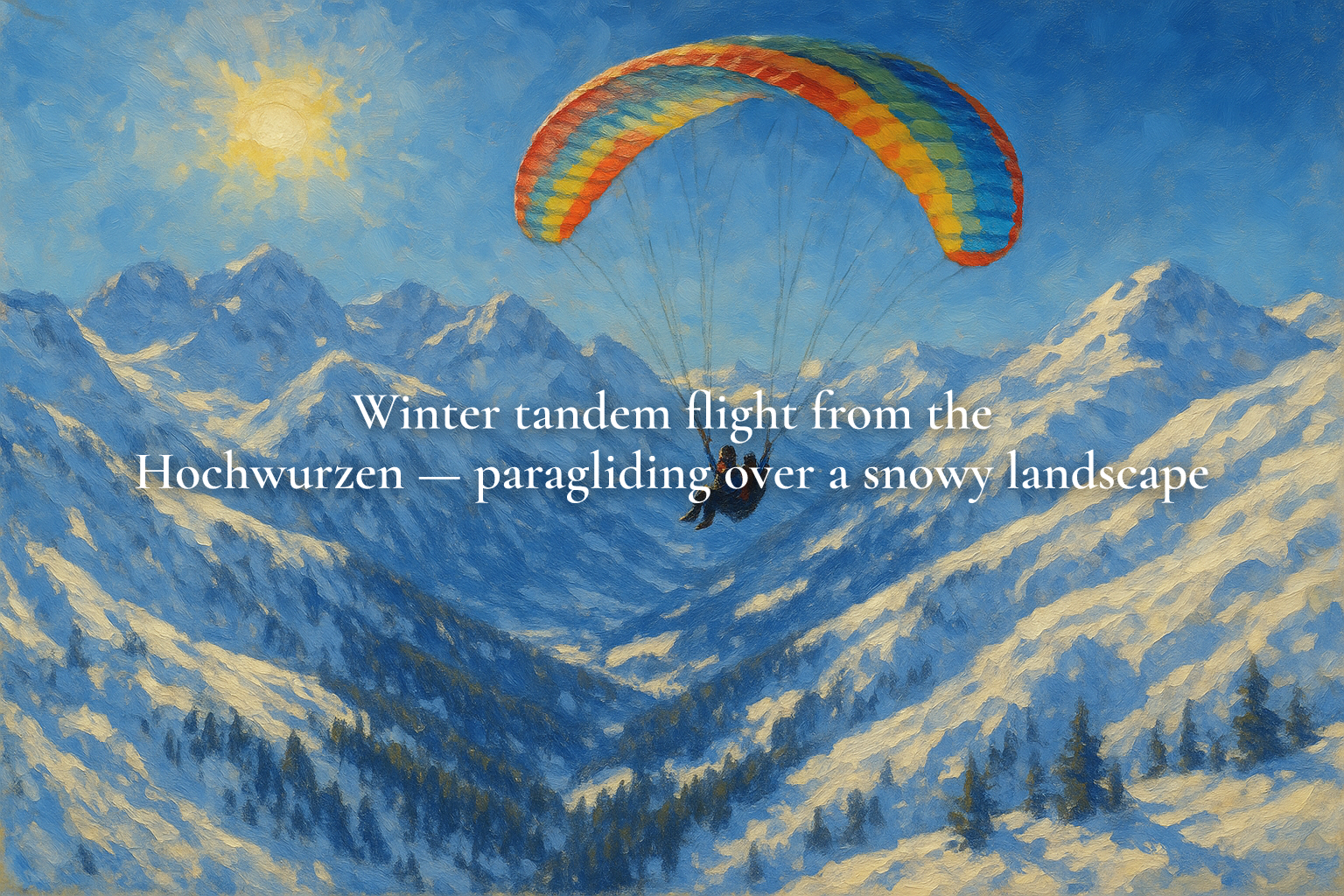 Winter tandem flight from the Hochwurzen — paragliding over a snowy landscape